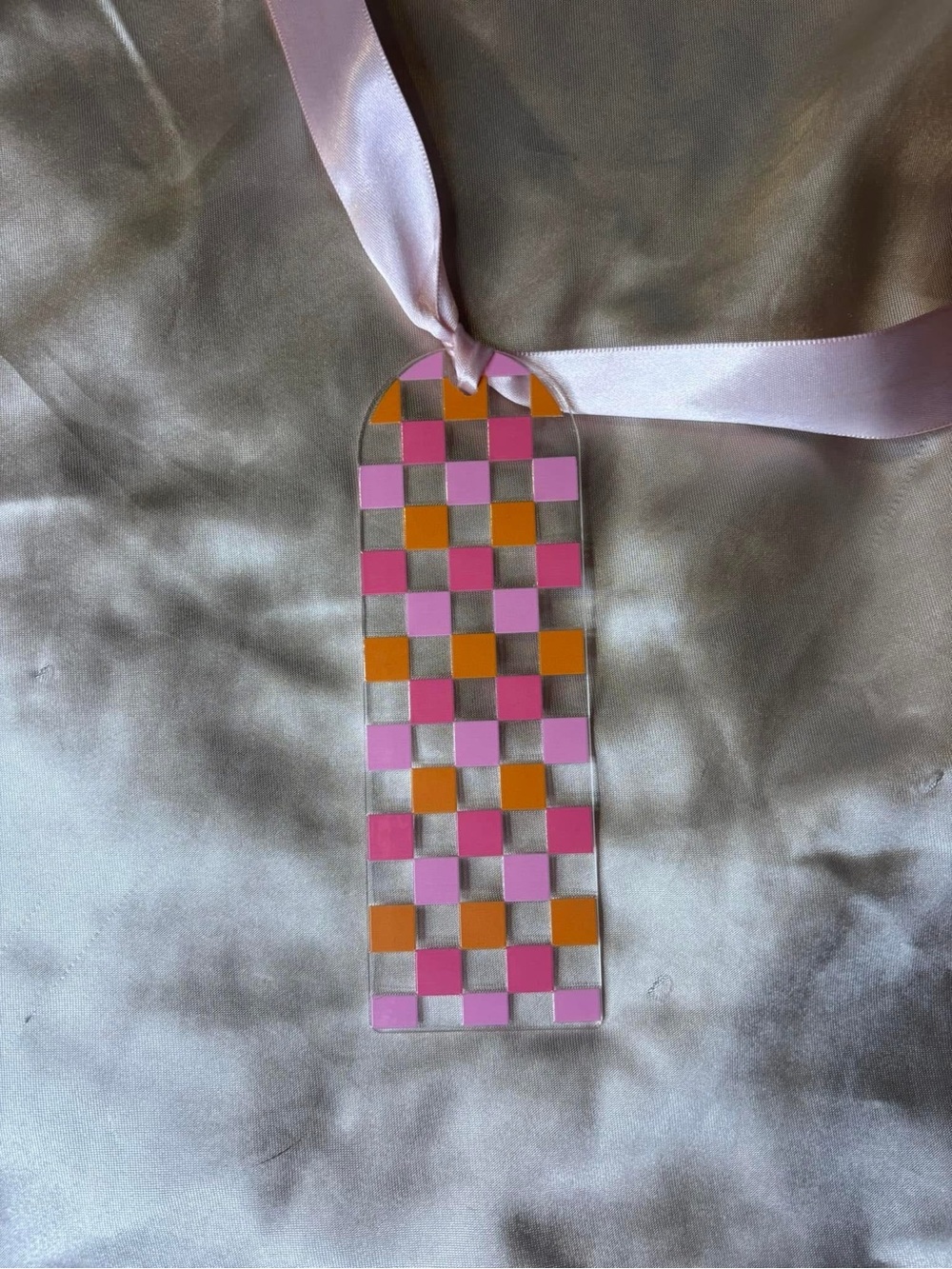 Checkerboard Acrylic Bookmark with Pink Ribbon